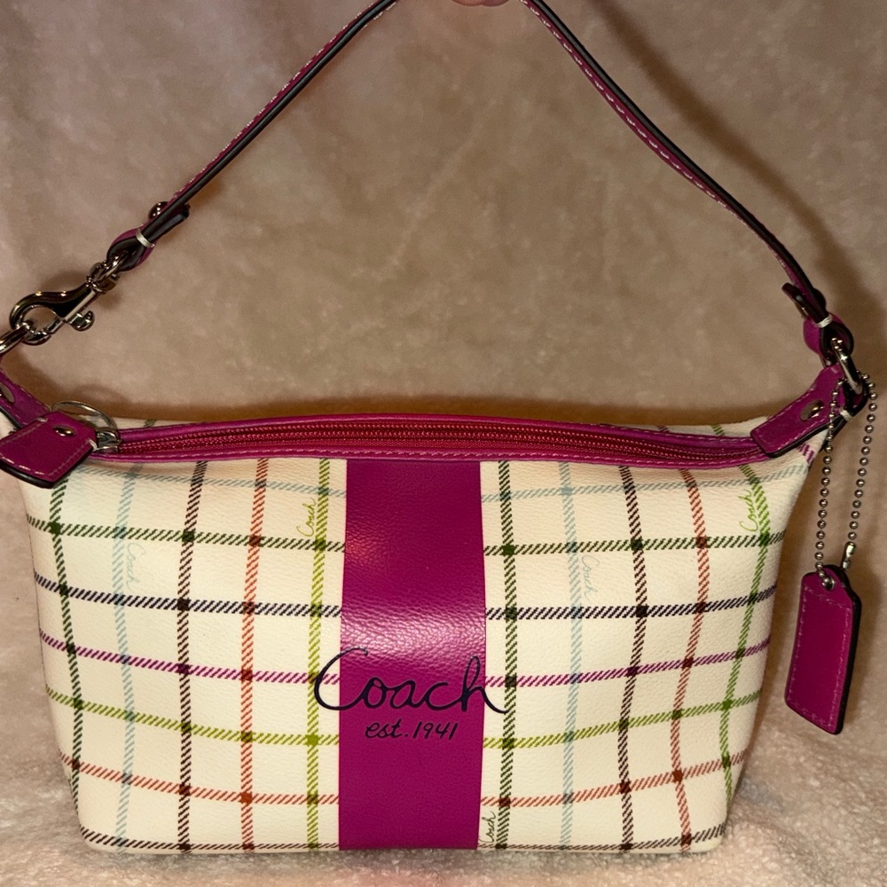 Y2K Coach Heritage Tattersall Multicolor Plaid Cream Magenta Shoulder Bag Iconic - Picture 2 of 16